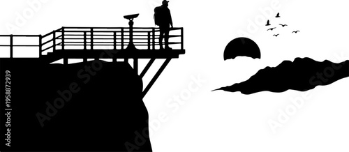 Silhouette, Cliffside Observation Deck, Person Looking Out, Sunset Landscape Vector