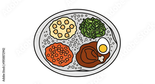 A vector graphic illustration of a plate of food with various dishes