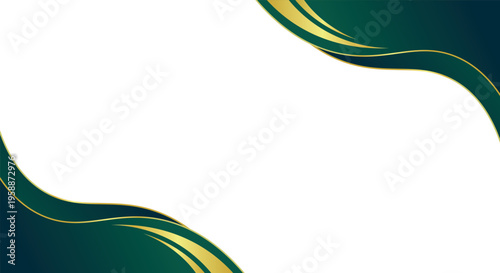 A clean and professional white background featuring elegant dark green and gold flowing wave shapes in the corners for a luxurious corporate design,copy sapce background,presentation background