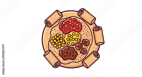 A colorful illustration of a traditional Ethiopian injera bread with various toppings