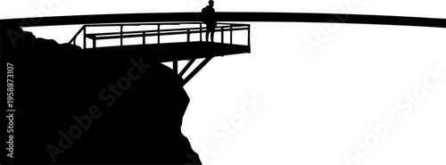 Silhouette, suspension bridge, cliffside walkway, dramatic landscape, black and white vector