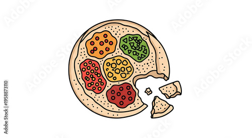 A colorful illustration of a pizza with various toppings and a slice missing, representing food and cuisine.