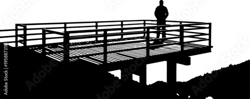 Silhouette, man standing on platform, metal railing, black and white, observation deck, scenic viewpoint, vector illustration