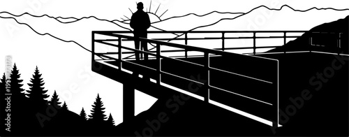 Silhouette of a person on a bridge, mountain landscape, black and white vector, scenic view