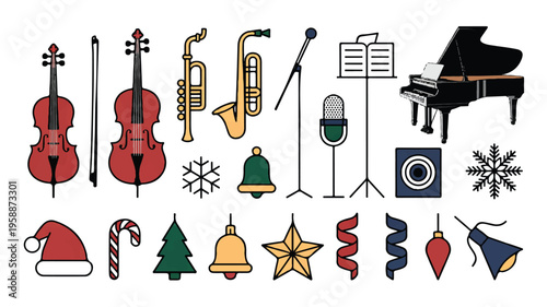 Collection of music and festive icons for christmas: piano, violin, saxophone, santa hat, tree, candy cane