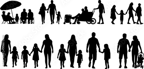 People different ages doing outdoors activities with various poses in public park vector silhouettes. People all ages playing in park family bonding leisure time black silhouette set