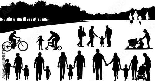 People different ages doing outdoors activities with various poses in public park vector silhouettes. People all ages playing in park family bonding leisure time black silhouette set