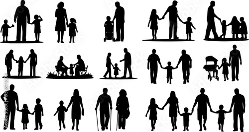 People different ages doing outdoors activities with various poses in public park vector silhouettes. People all ages playing in park family bonding leisure time black silhouette set