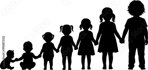 set of silhouettes of baby boy and girl grow up process. baby development, child growth stages. toddler milestones.
