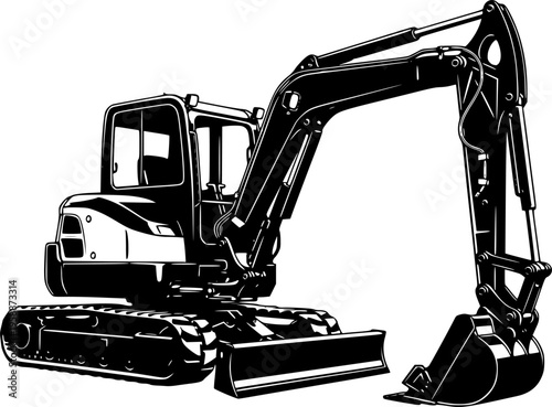 Black and White Vector Illustration of a Mini Excavator
