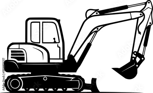 Black and White Vector Illustration of a Mini Excavator
