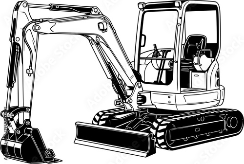 Black and White Vector Illustration of a Mini Excavator
