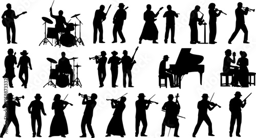 Large group silhouettes set of musicians playing various musical instruments vector collection.
