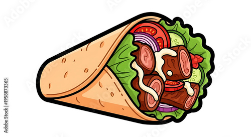 A colorful illustration of a delicious doner kebab wrapped in a pita bread with various toppings.