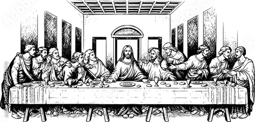 Hand-Drawn Vintage Sketch of The Last Supper – Jesus Christ with Twelve Apostles at the Table, Religious Fresco Vector Illustration
