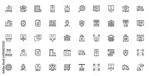Logistics icon set. Vector illustration. Includes parcel, delivery, warehouse, truck, package, box, calendar, location, cargo, process and more. Editable thin line icons.