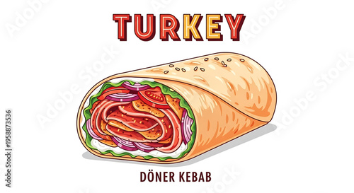 A colorful illustration of a delicious Turkey Döner Kebab wrapped in a pita bread