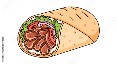 A colorful illustration of a delicious chicken shawarma wrap with fresh vegetables.