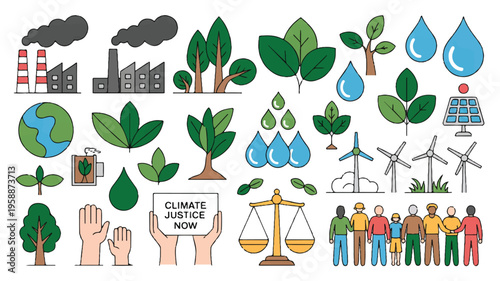 Environmental icons set: climate action, sustainability, and nature elements collection, solar panel