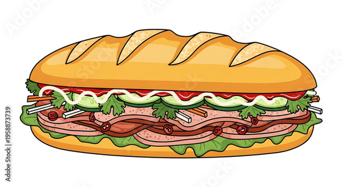 A colorful illustration of a delicious sandwich with various meats and vegetables