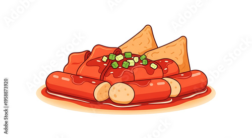 A colorful vector illustration of a plate of hot dogs with chips and toppings