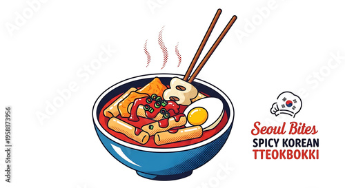 A vibrant vector graphic illustration of a steaming bowl of spicy Korean tteokbokki with chopsticks