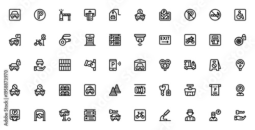 Parking icon set. Vector symbols for car parking, parking lot, barrier, payment, no parking, security, valet and more. Minimalist line icons.
