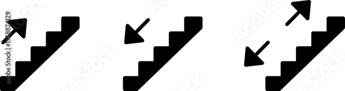 Stairs icons with up and down directional arrows, Black silhouette symbols for staircase navigation and floor levels, Simple architectural elements for wayfinding and progress indication