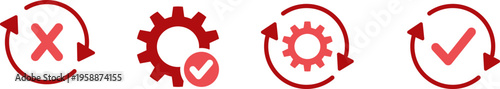 Technical process and system update status icon set, Gear symbols with checkmark and cross for task management, Red circular arrows for workflow optimization and error feedback