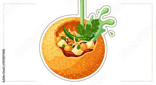 A vibrant illustration of a popular Indian street food dish being prepared with fresh ingredients