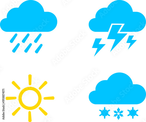 Weather forecast icon set with sun and clouds, Meteorological symbols for rain and storm and snow, Blue and yellow flat vector illustration for climate conditions