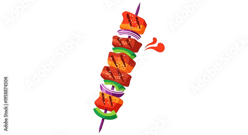 A colorful illustration of a grilled meat skewer with vegetables, perfect for food-related designs and marketing materials.