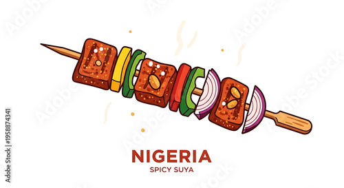 A vibrant illustration of a traditional Nigerian spicy suya skewer with meat and vegetables.