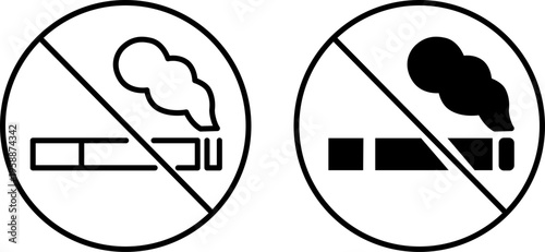 No smoking sign icon for public health regulations, Prohibited cigarette symbols in outline and silhouette styles, Warning circle for smoke-free areas and tobacco restriction