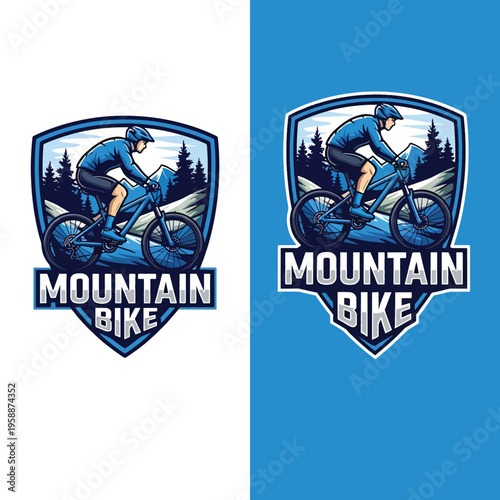 Dynamic mountain biker navigating challenging trails in a wild forest landscape, vector emblem