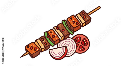 A colorful vector illustration of a kebab skewer with meat, vegetables, and a side of sliced onions and tomatoes.