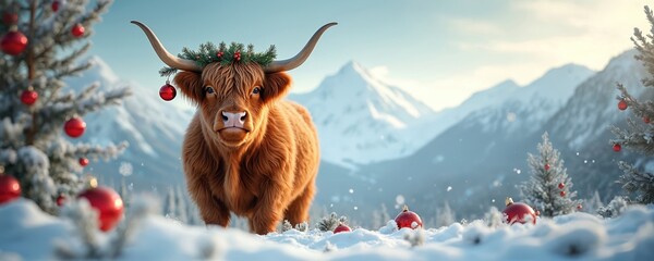 Scottish Highland cow wears Christmas wreath and baubles in snowy mountain landscape with fir trees. Cute fuzzy bull has long horns and fluffy brown fur against winter backdrop. Festive animal photo.