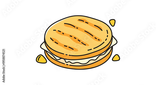 A cartoon-style illustration of a toasted sandwich with melted cheese and crispy bread