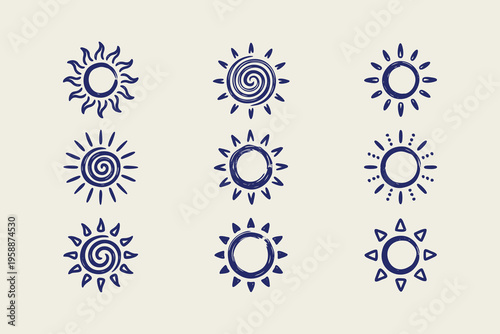 Hand-Drawn Blue Sun Icons Collection in Tribal Sketch Style