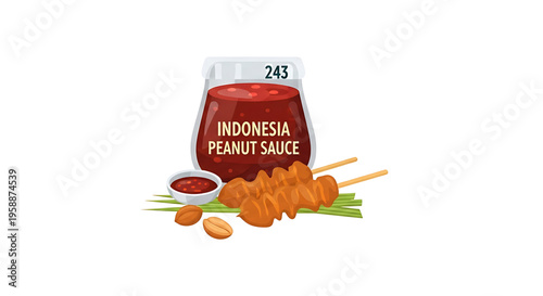 A vector graphic illustration of a jar of Indonesian peanut sauce with satay and ingredients