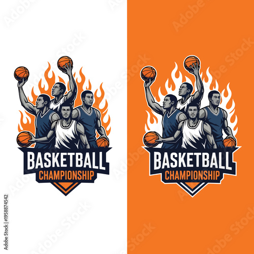 Dynamic Basketball Championship Team Illustration with Flaming Background and Sportive Players