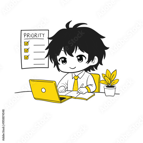 Chibi worker character writing in a notebook while using a laptop with a priority checklist on the wall. Illustration represents productivity, time management, work planning, focus, and organized work