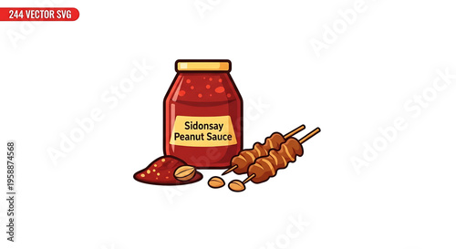 A vector graphic illustration of a jar of peanut sauce with skewers of meat and peanuts