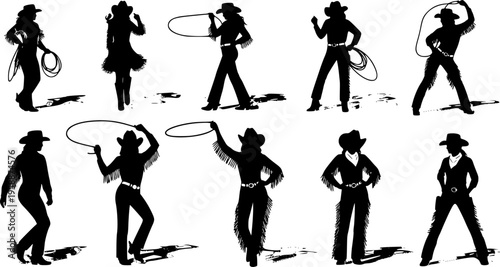 Several silhouettes of a cowgirl dancing and posing
