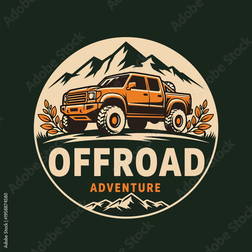 Off-Road Truck Adventure in Rugged Mountain Wilderness: A Stylized Vector Emblem for Outdoor Enthusiasts