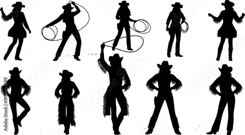 Several silhouettes of a cowgirl dancing and posing
