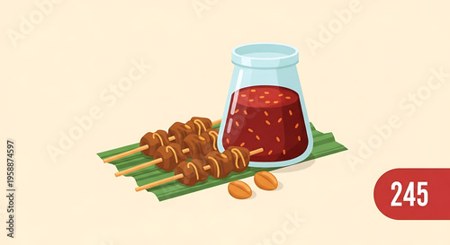 A vector graphic illustration of satay skewers with a jar of peanut sauce on a banana leaf