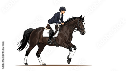 Equestrian rider dressed in formal riding attire expertly guides a dark brown horse mid-gallop on a white background