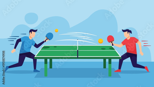 Dynamic illustration of two male players engaged in an exciting game of table tennis, showcasing speed and agility in a friendly competition