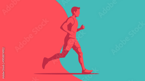 Silhouette of a man in full stride running across a split background of red and teal